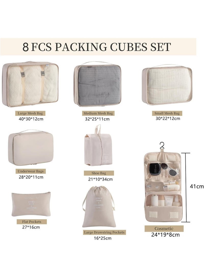 Arabest 8 Set Packing Cubes for Suitcases, Travel Luggage Organizer, Travel Packing Kit with Clothes Storage Bag, Shoe Bag, Laundry Bag, Underwear Bag Travel Essentials (Beige) - Image 2